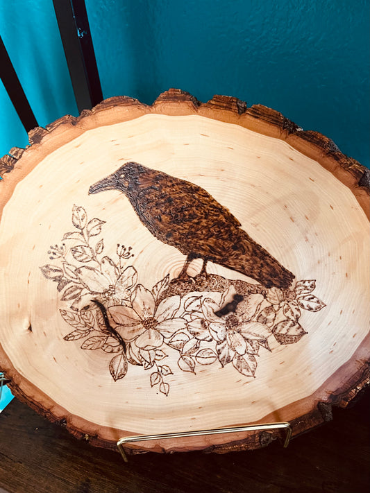 10x8 Burned Wood art-Bird w/Flowers